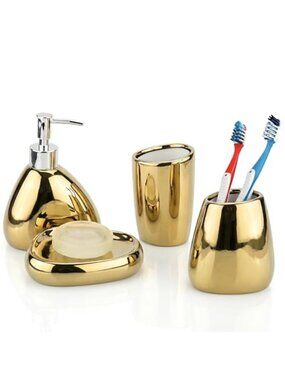 Gold Bathroom Accessory Set Ceramic Soap Dispenser Toothbrush Holder Set